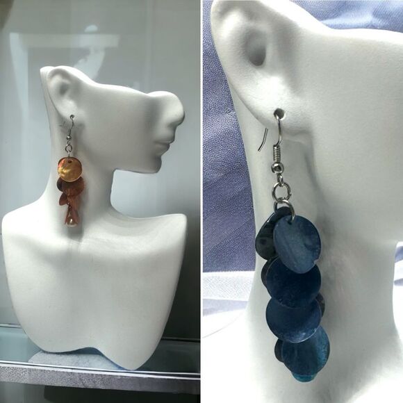 Vintage l Seashell Dangle Earrings l 3” l Blue/Orange l Hook l EUC - Picture 1 of 12